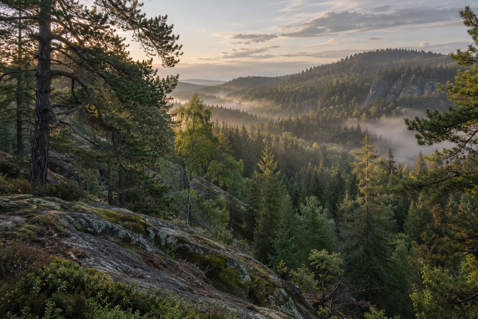 Utsikt från en granithäll över blandskog med morgondimma mellan träden.